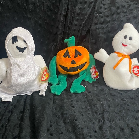 Halloween Ty Beanie Baby Lot Of 3 Plush Ghost Spooky Sheets Pumpkin - Picture 2 of 3